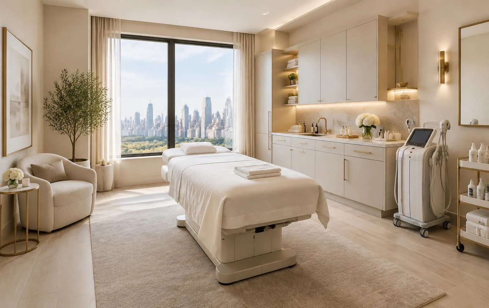 Editorial illustration of a serene luxury treatment room